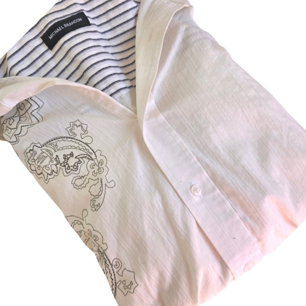 MICHAEL‎ BRANDON Mens White Button Down Shirt Paisley Embroidered Collar Size L